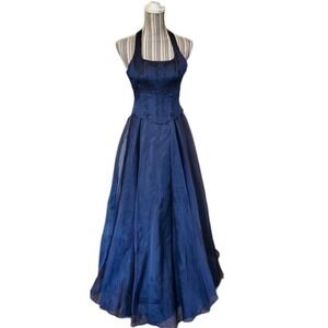 Michaelangelo evening gown Navy Fit & Flare Halterneck Layered Beaded Sz 4*